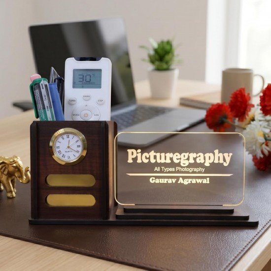 Wood Desk Organizer with LED Name Lamp Customized Gift