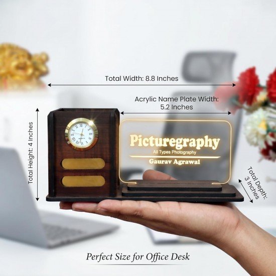 Wood Desk Organizer with LED Name Lamp Customized Gift