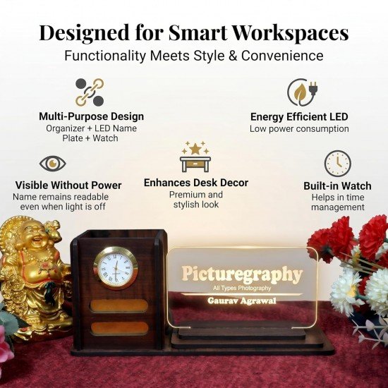 Wood Desk Organizer with LED Name Lamp Customized Gift